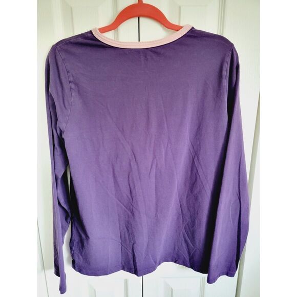 Lands End M Purple Top Long Sleeve Cotton Stretch Pink Neck Trim Round Neck - Picture 2 of 6